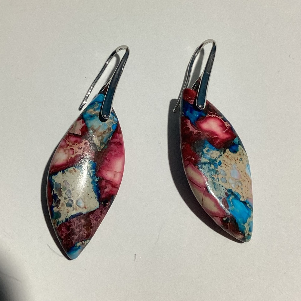 Natural  Curvy Jasper Stone Drop French Hook Boho Drop Earrings Red Blue Tan